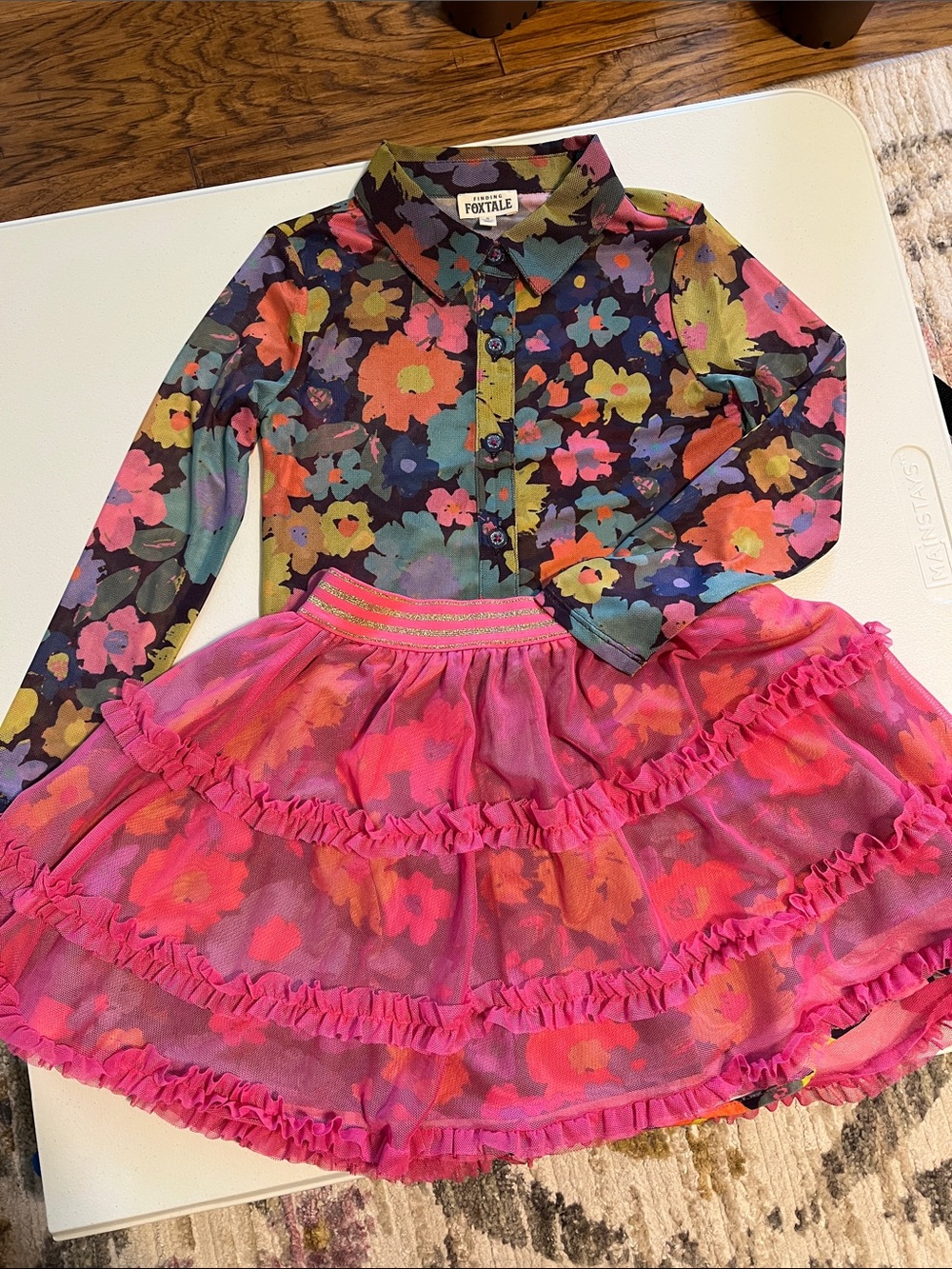 Foxtale Floral Button-Up Top & Pink Ruffle Skirt Set - Multicolor Floral